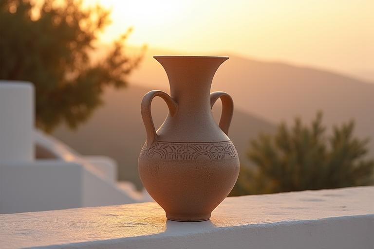 Παραδοσιακό ελληνικό κεραμικό βάζο με μοντέρνα αισθητική, σε φόντο ελληνικού τοπίου