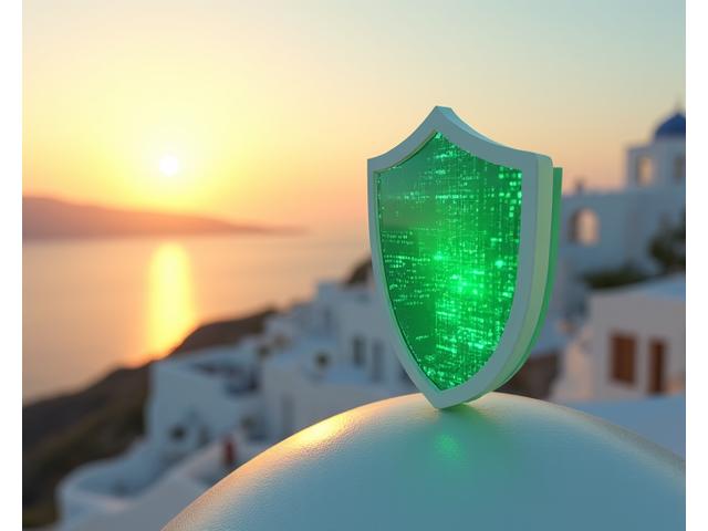 Ψηφιακή ασπίδα προστασίας δεδομένων με φόντο ελληνικό τοπίο