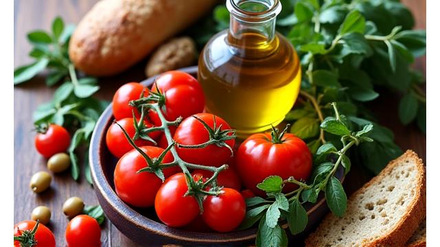 Εξειδικευμένος διατροφολόγος που εξηγεί τα οφέλη της μεσογειακής διατροφής με πιάτα γεμάτα φρέσκα υλικά.