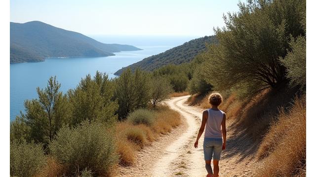 Γυναίκα απολαμβάνει έναν περίπατο στη φύση, αναπνέοντας φρέσκο αέρα, με όμορφη θέα στο δάσος.