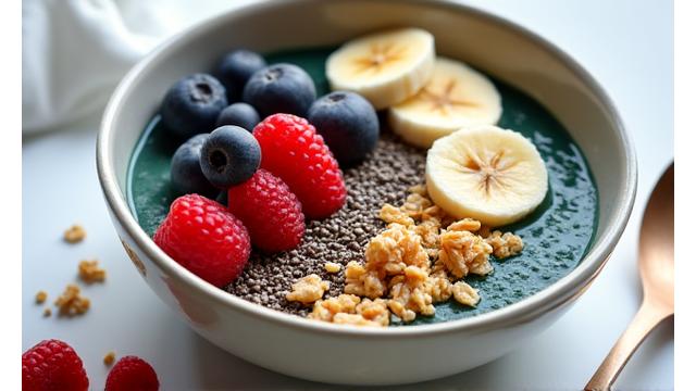 Άτομο ετοιμάζει ένα μπολ με χειροποίητα smoothies με φρέσκα φρούτα και σπόρους, σε φως της ημέρας.